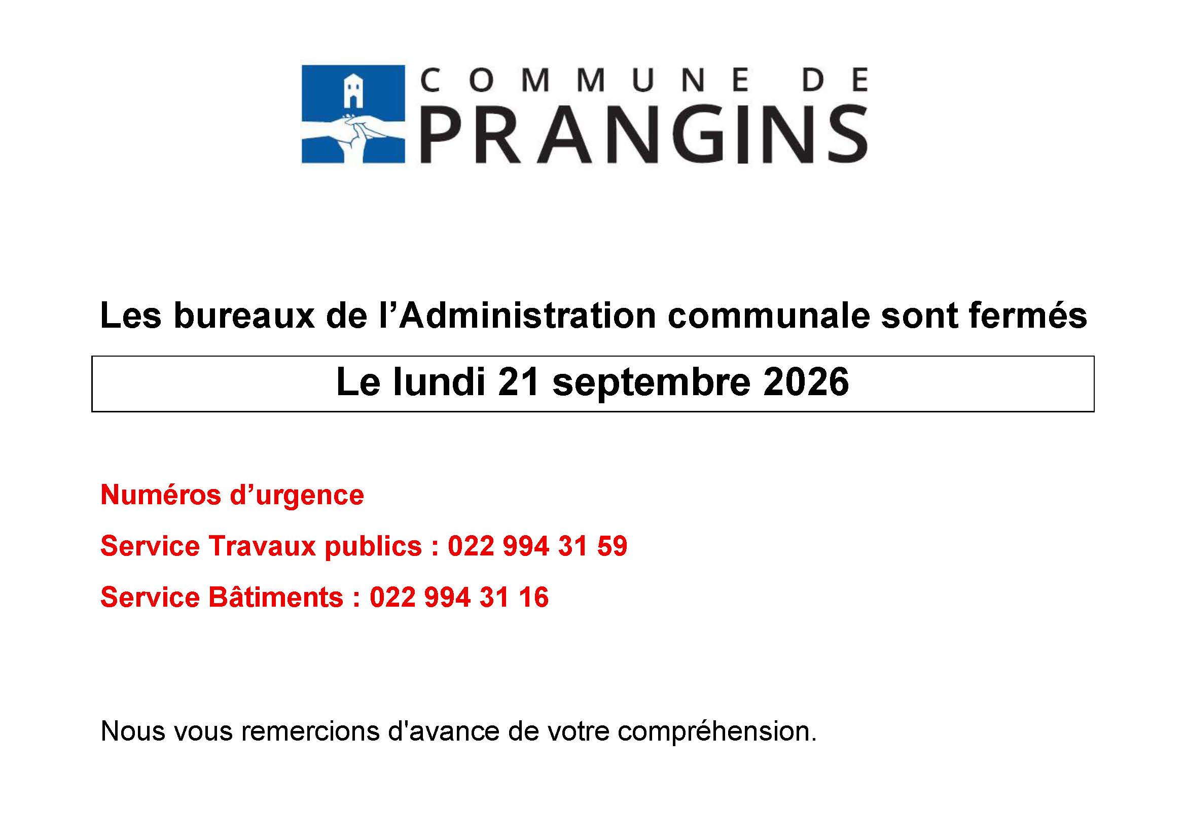 Fermeture bureaux - 21.09.2026